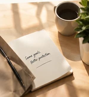 An open notebook reading “Same goals. Better protection.” beside a cup of coffee and a plant on a sunlit desk